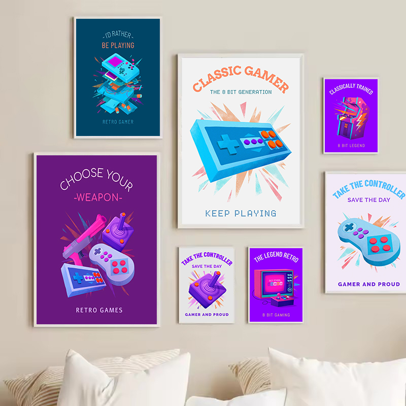 Gaming Console Picture - Poster Gaming Retro Warna-warni dengan Joystick
